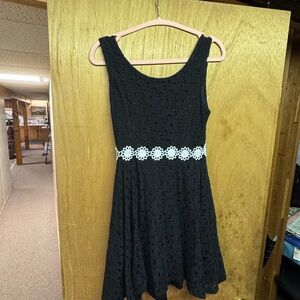 Black Lace Fit-and-Flare Dress with White Crochet Waist